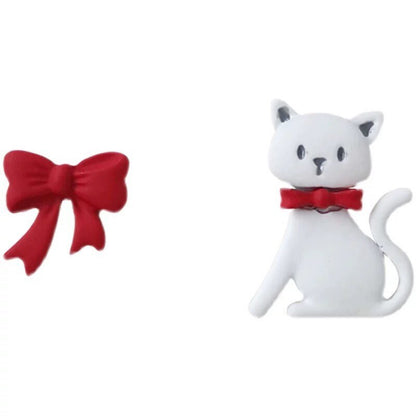 White Cat and Red Ribbon Stud Earrings