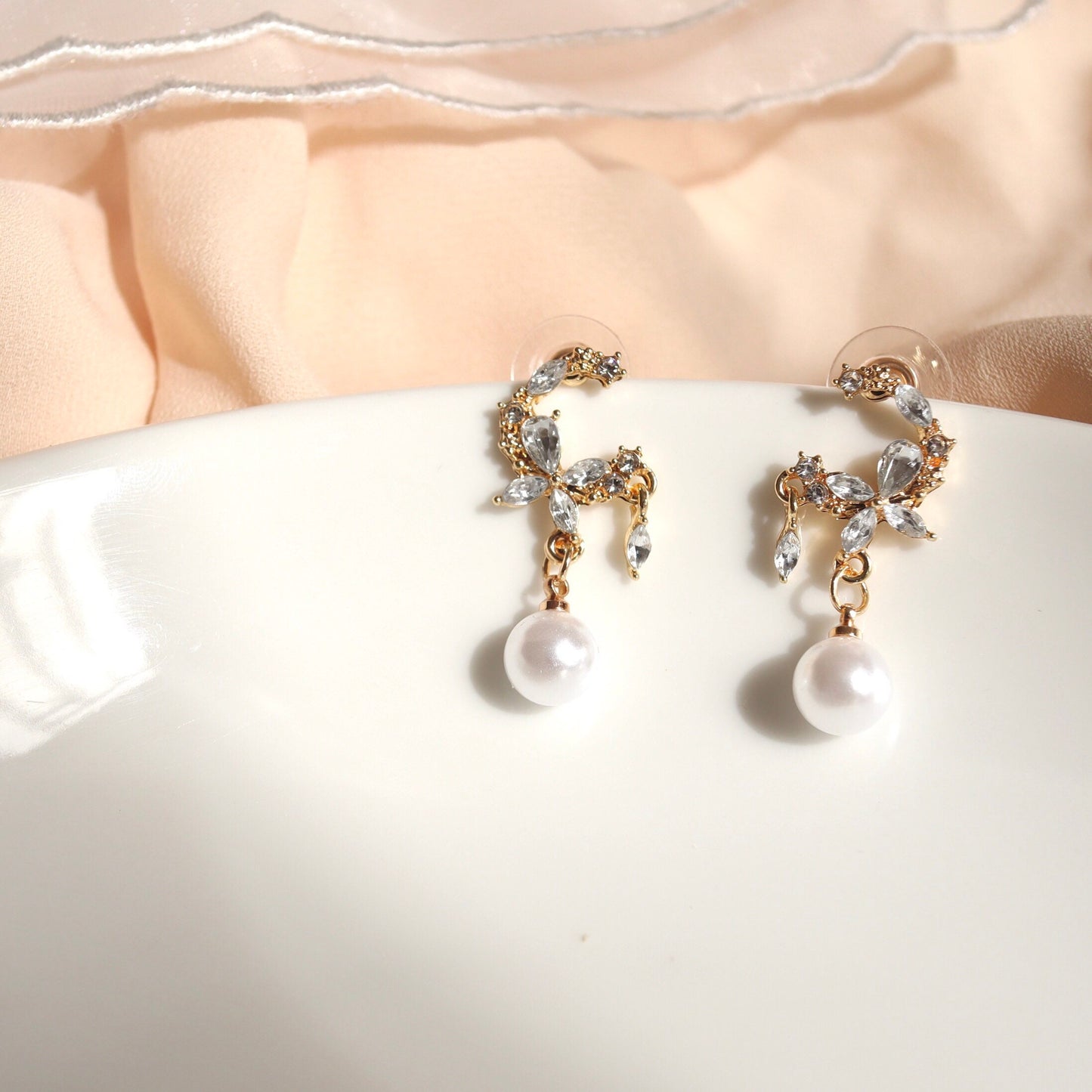 Sparky Moon Cubic Zirconia and Pearl Drop Earrings