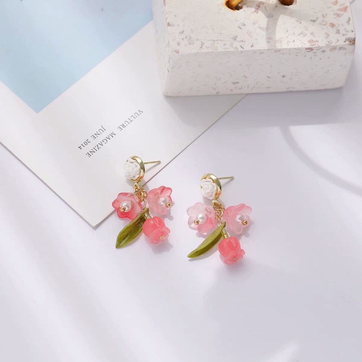 Pink Lily of the Valley Earrings, Fuchsia Rose Flower Earrings