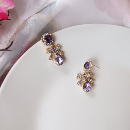 Vintage Gothic Lavender Purple Crystal Ribbon Dangle Earrings