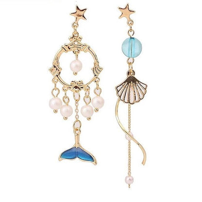 Mermaid Blue Fish Tail Sea Shell Gold Dangle Earrings