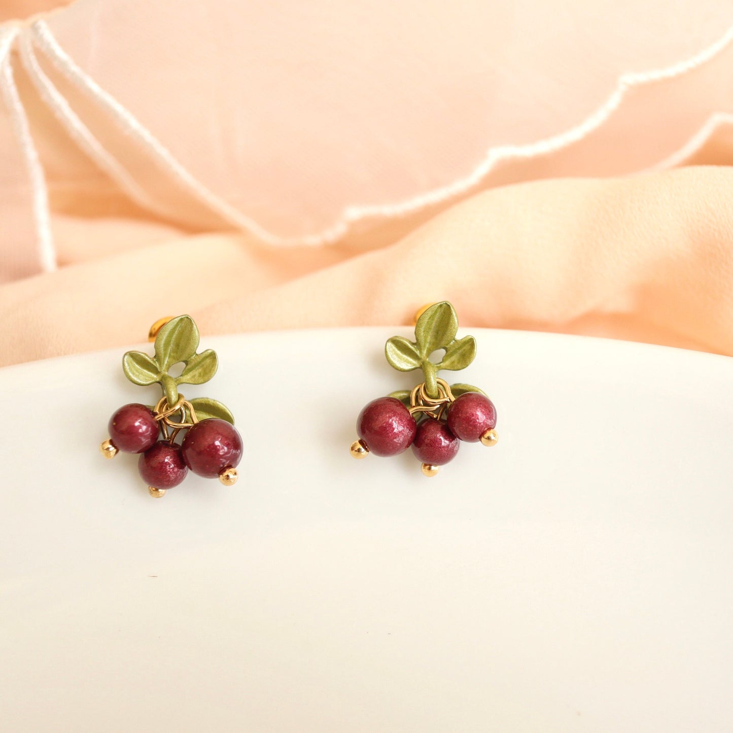 Red Cranberry with Green Leaves Fruit Drop Earrings