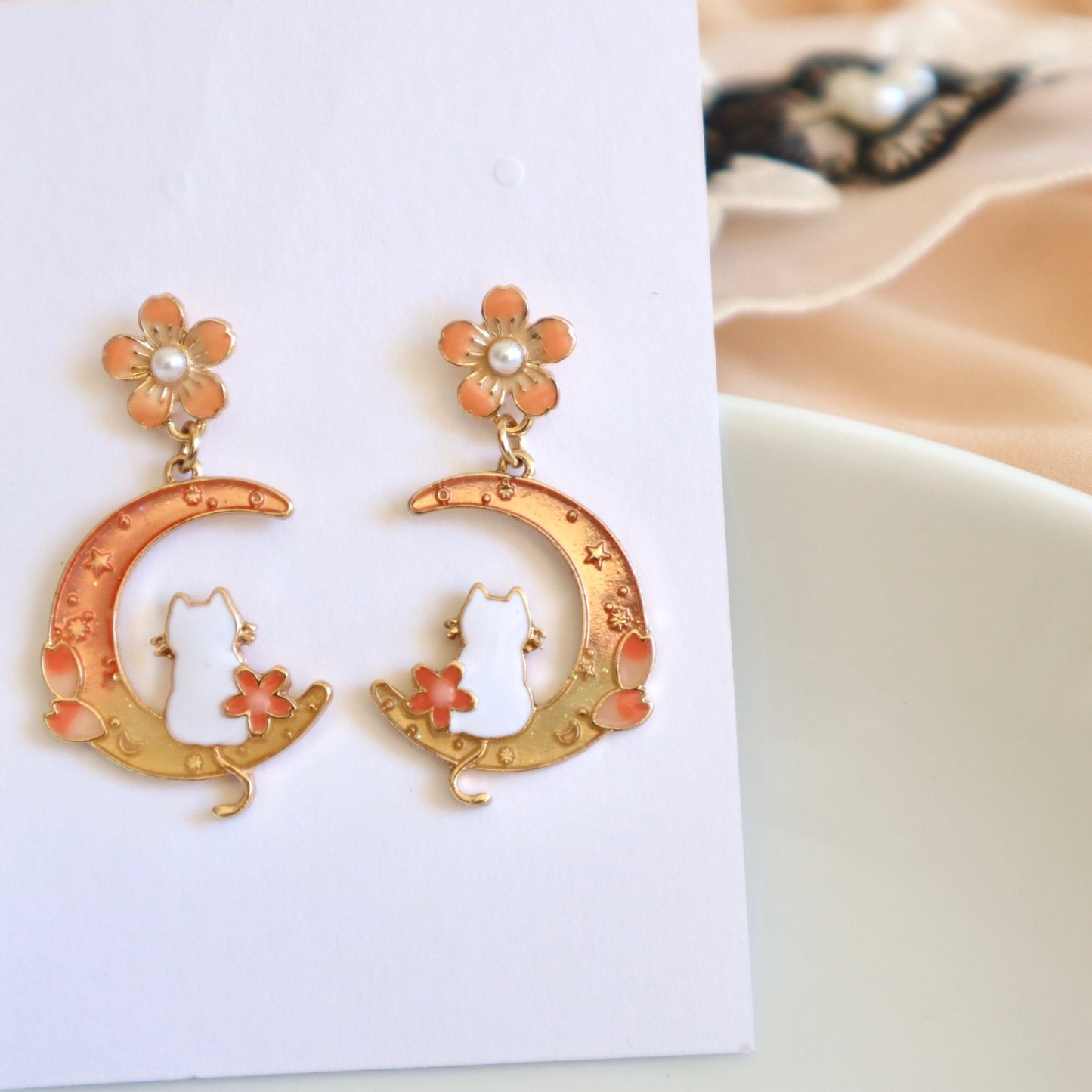 Moon Cat Cherry Blossom Earrings