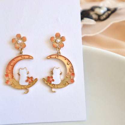 Moon Cat Cherry Blossom Earrings