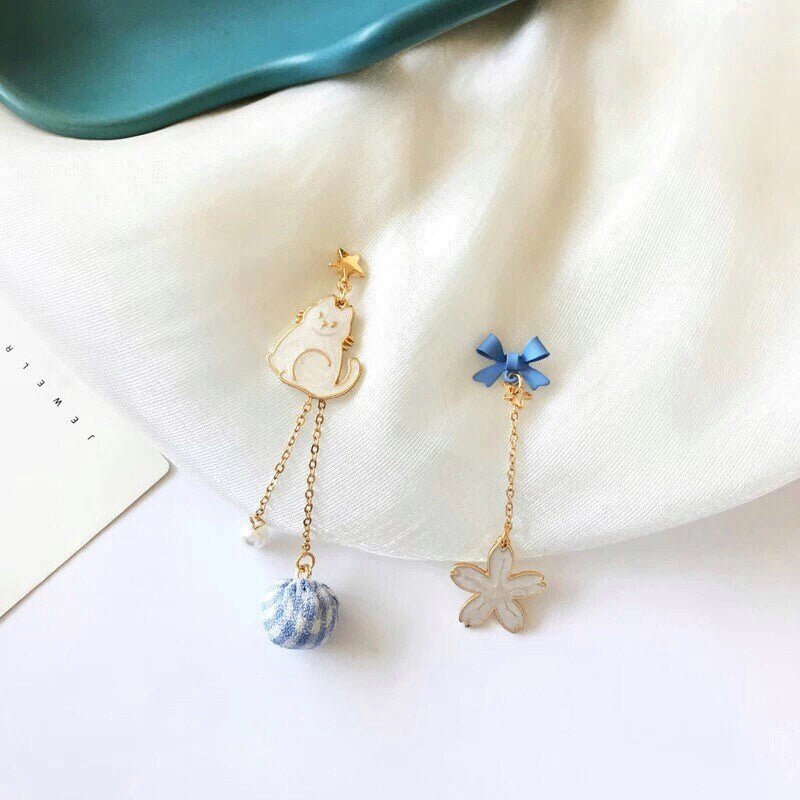 White Sakura and Cat Dangle Earrings