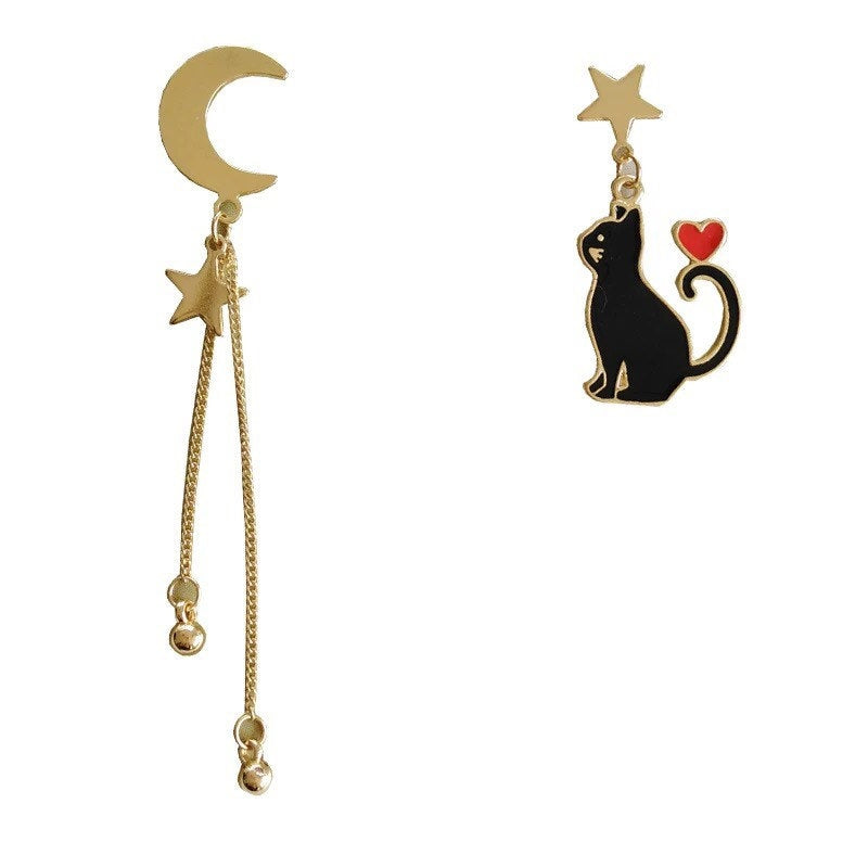 Black/ White Cat with Moon and Star Dangle Earrings