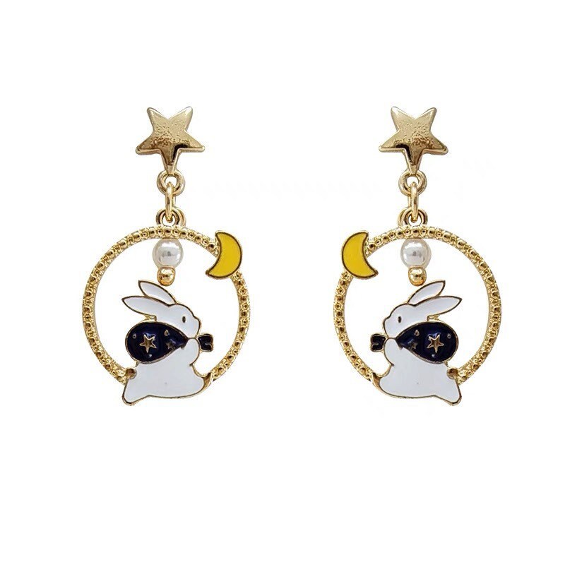 Rabbit on the Moon Earrings, Bunny Moon and Stars Earrings