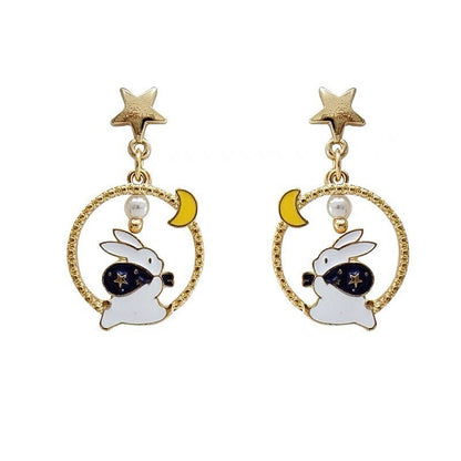 Rabbit on the Moon Earrings, Bunny Moon and Stars Earrings