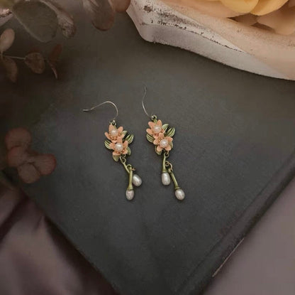 Double Flower and Pearl Dangle Earrings