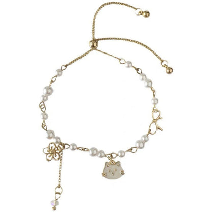 White Cat Cherry Blossom Charm Adjustable Bracelet