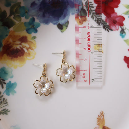 Golden Heart with White Flower Dangle Earrings