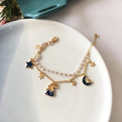 Blue Rabbit, Moon and Star Bracelet