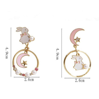 Cute Bunny/ Rabbit Moon and Star Dangle Earrings, Pierced or Clip On