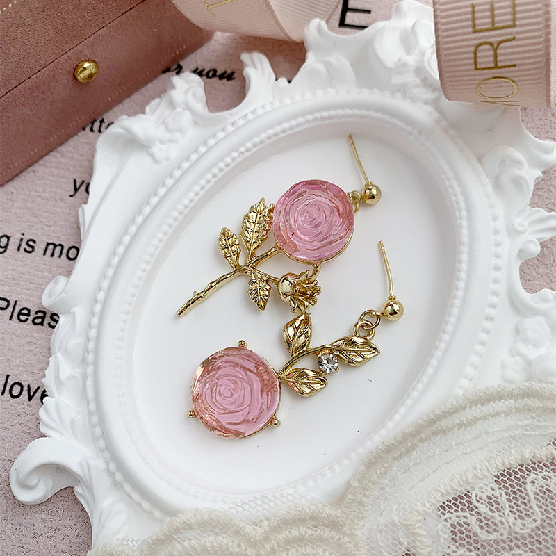 Pink Rose Flower Golden Dangle Earrings