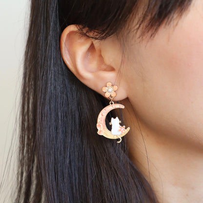 Moon Cat Cherry Blossom Earrings