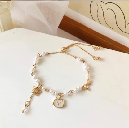 White Cat Cherry Blossom Charm Adjustable Bracelet