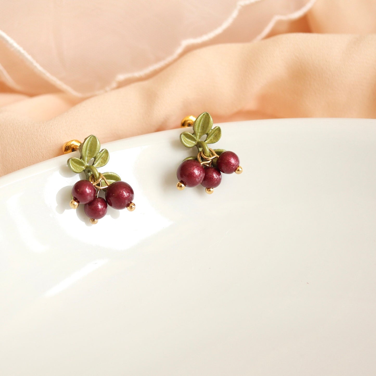 Red Cranberry with Green Leaves Fruit Drop Earrings