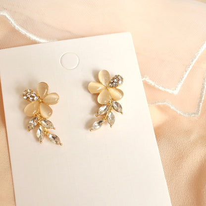 Gold Opal Flower Earrings, Leaf Laurel Vine Ear Climbers