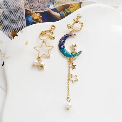 Cat on the Moon and Star Earrings