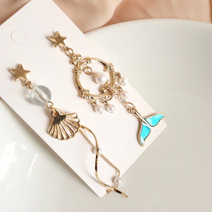 Mermaid Blue Fish Tail Sea Shell Gold Dangle Earrings