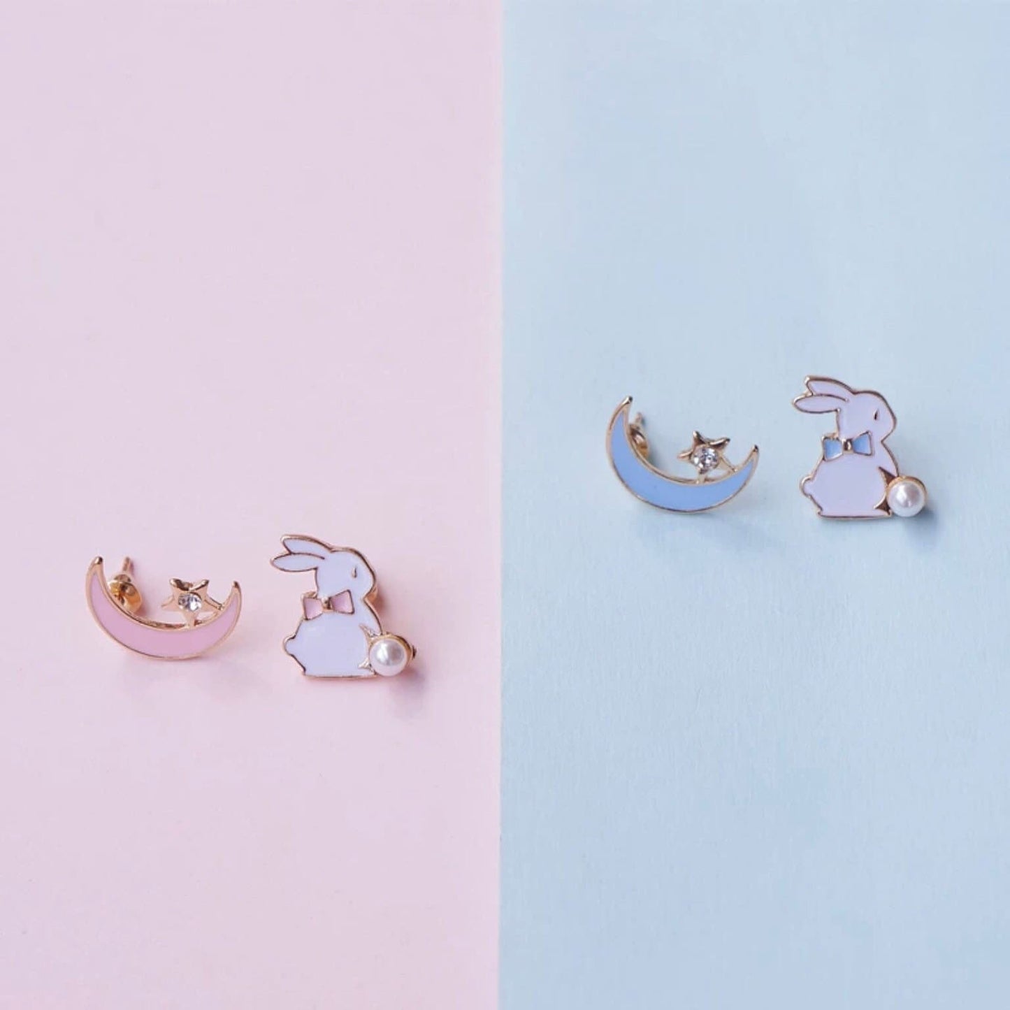 Rabbit / Bunny and Moon Stud Earrings, Pierced or Clip On