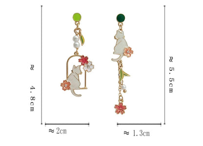 White Cat with Cherry Blossom Blooming Spring Earrings