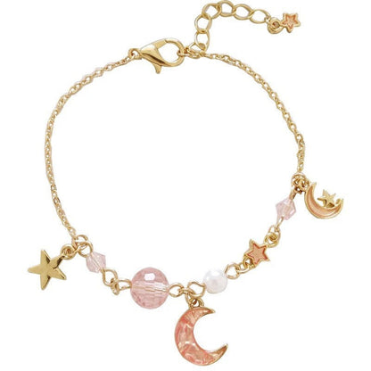 Moon and Star, Crescent Moon Charm Bracelet, Blue / Pink and Gold Celestial Bracelet