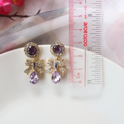 Vintage Gothic Lavender Purple Crystal Ribbon Dangle Earrings