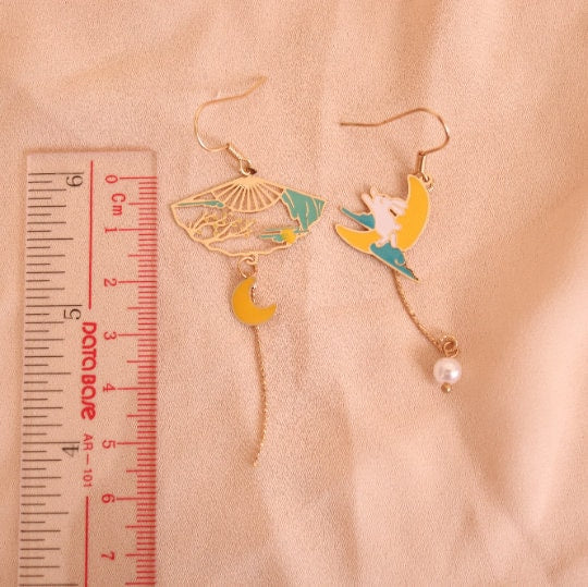 Bunny and Moon Earrings, Rabbit Fan Laser-Cut Earrings