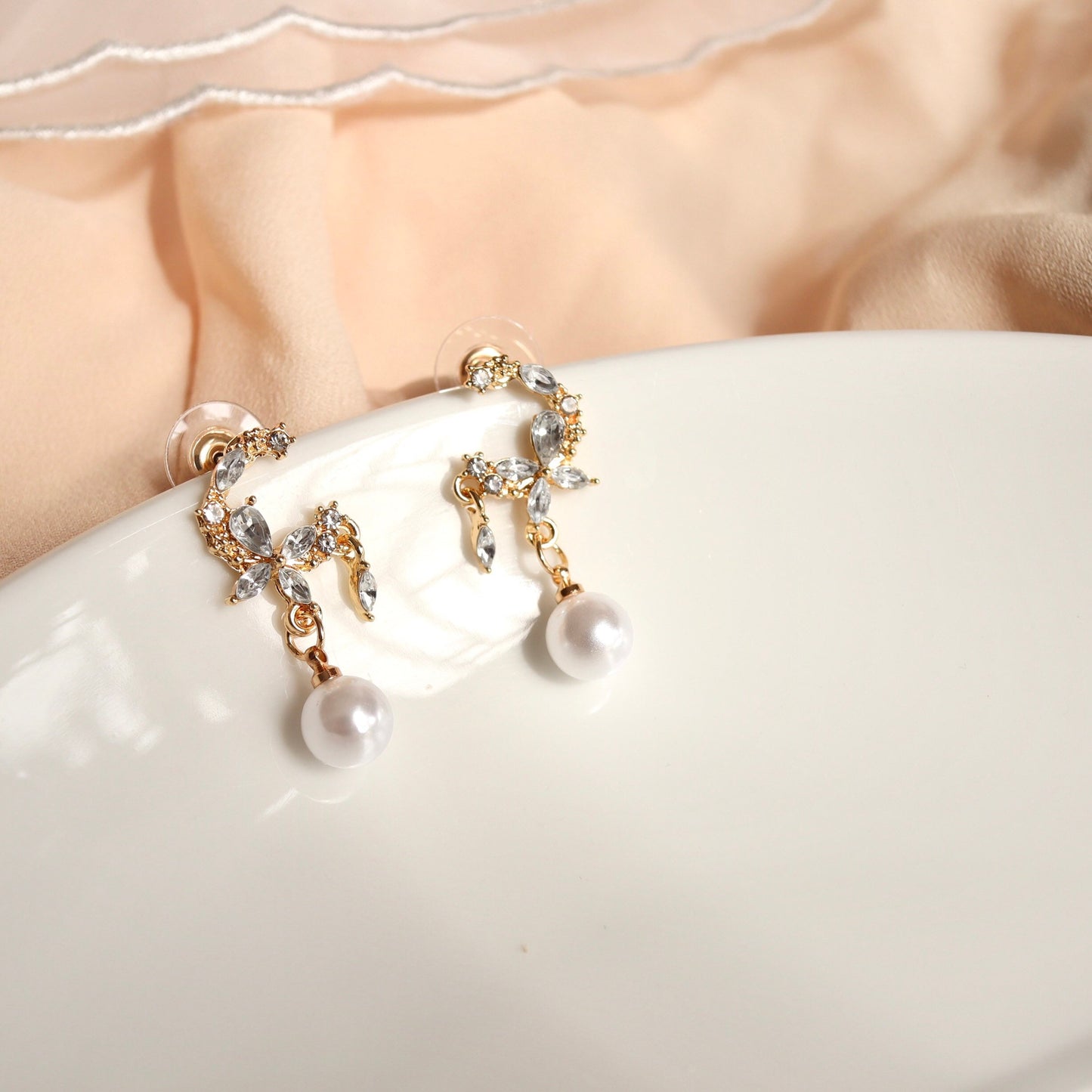 Sparky Moon Cubic Zirconia and Pearl Drop Earrings