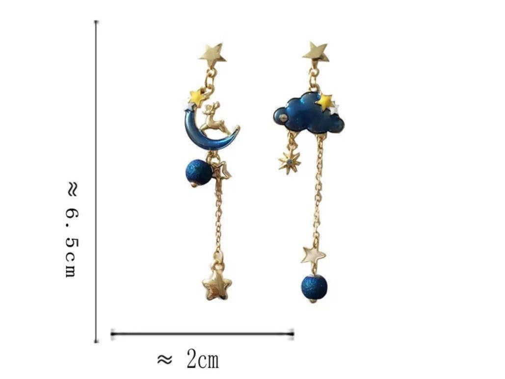 Deer on Blue Moon / Cloud Blue Sky Earrings