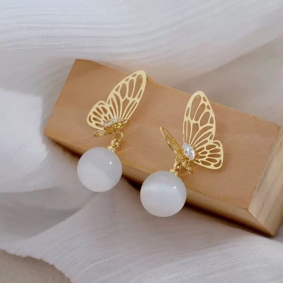 Gold Butterfly Opal Drop Earrings