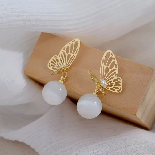 Gold Butterfly Opal Drop Earrings